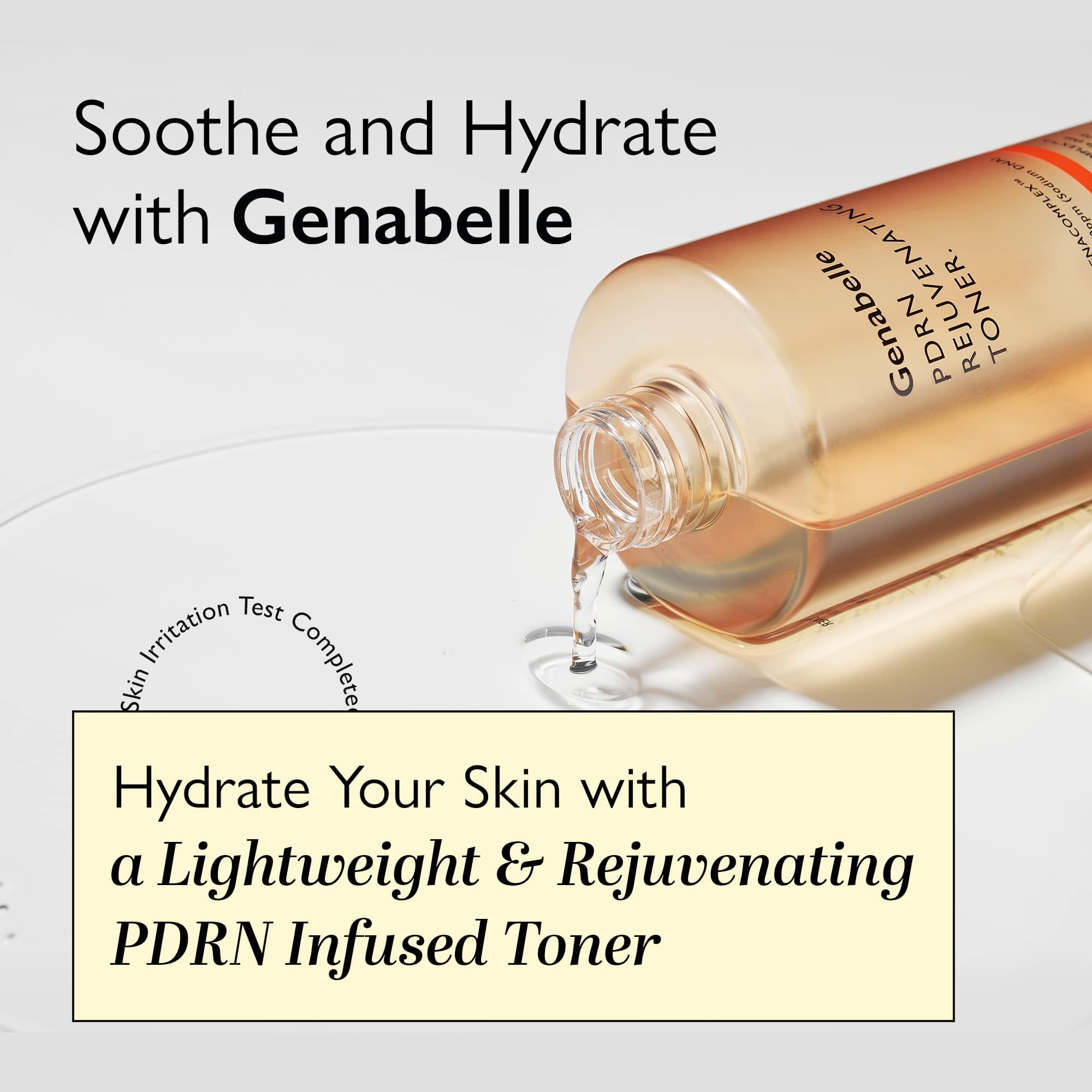 Genabelle PDRN Rejuvenating Toner ingredient panel highlights panthenol and hyaluronic acid