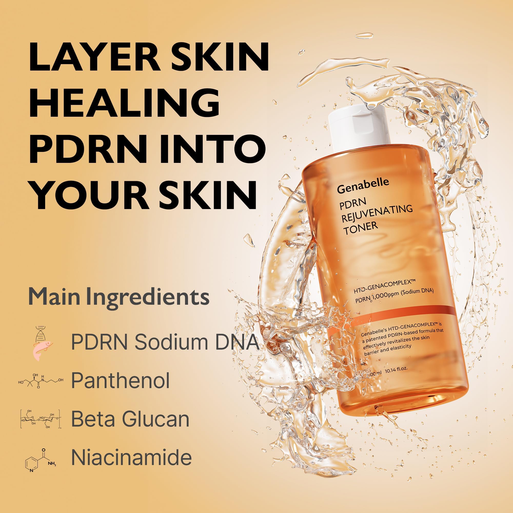 Genabelle PDRN Rejuvenating Toner vanity scene suggests daily skincare ritual