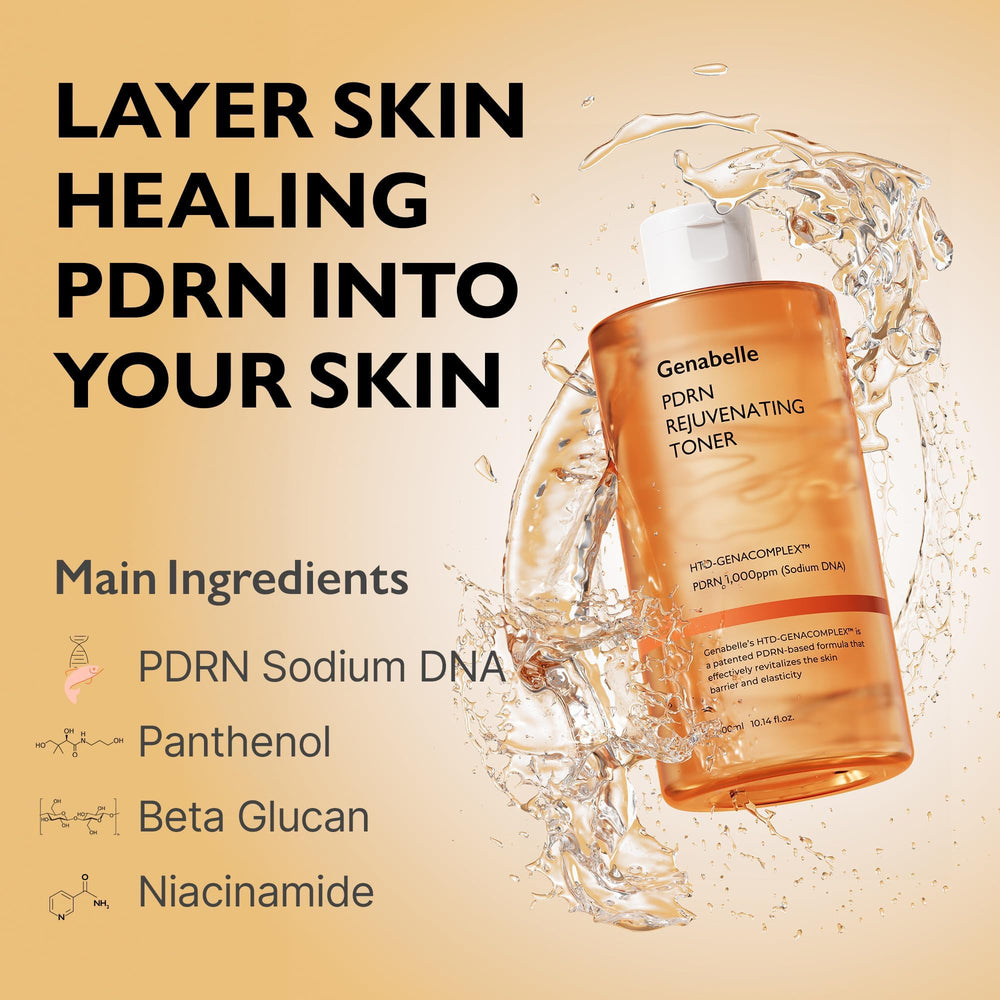 Genabelle PDRN Rejuvenating Toner vanity scene suggests daily skincare ritual