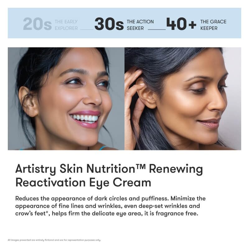 Generic Artstry eye cream applied under-eye shows hydrated, refreshed appearance.
