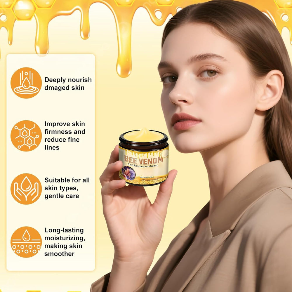 Generic Bee Venom Skin Restoration Cream front of jar improves absorption upon application.