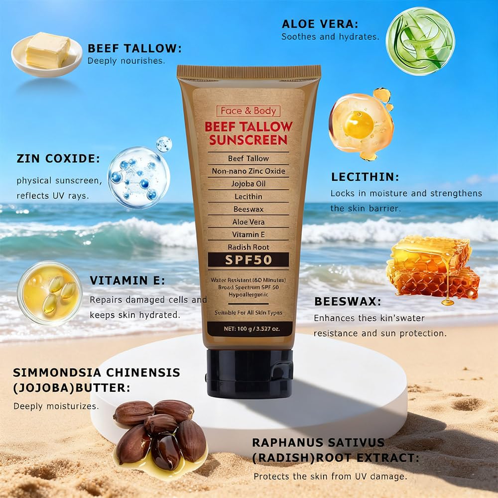 Generic Beef Tallow Sunscreen application demonstrates quick, non-greasy absorption on skin