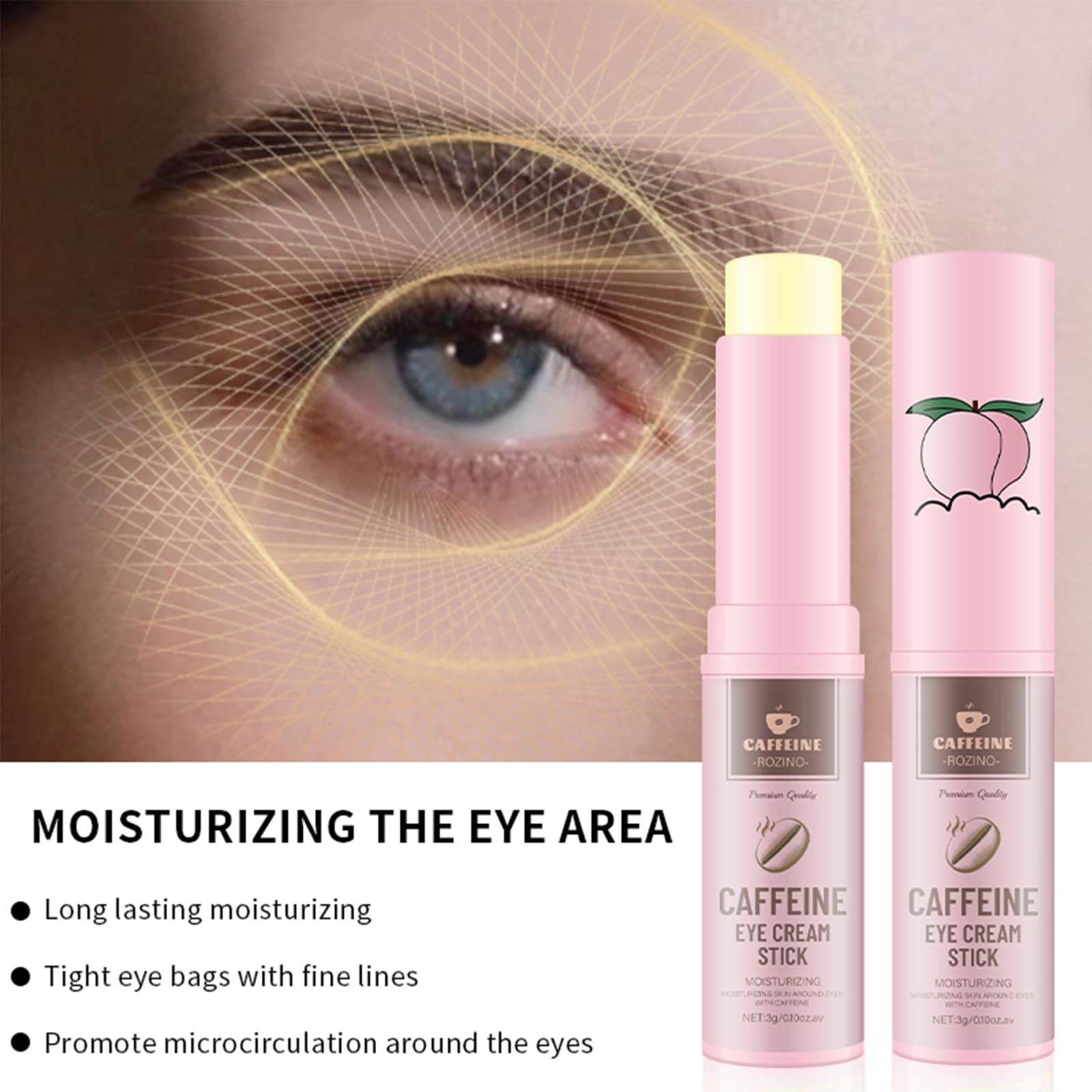 Generic caffeine eye balm stick application demo shows precise, cooling glide for refreshed eyes.