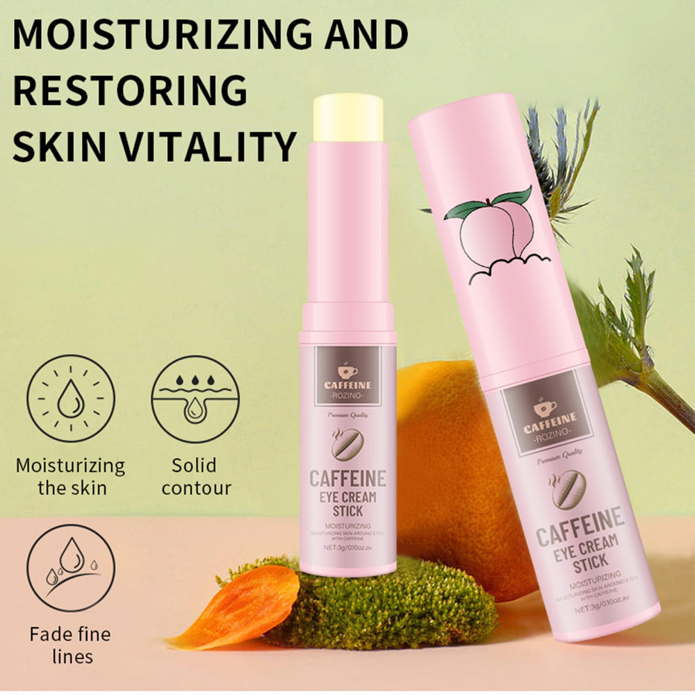 Generic caffeine eye balm stick under-eye application demonstrates de-puffing and brightening potential.