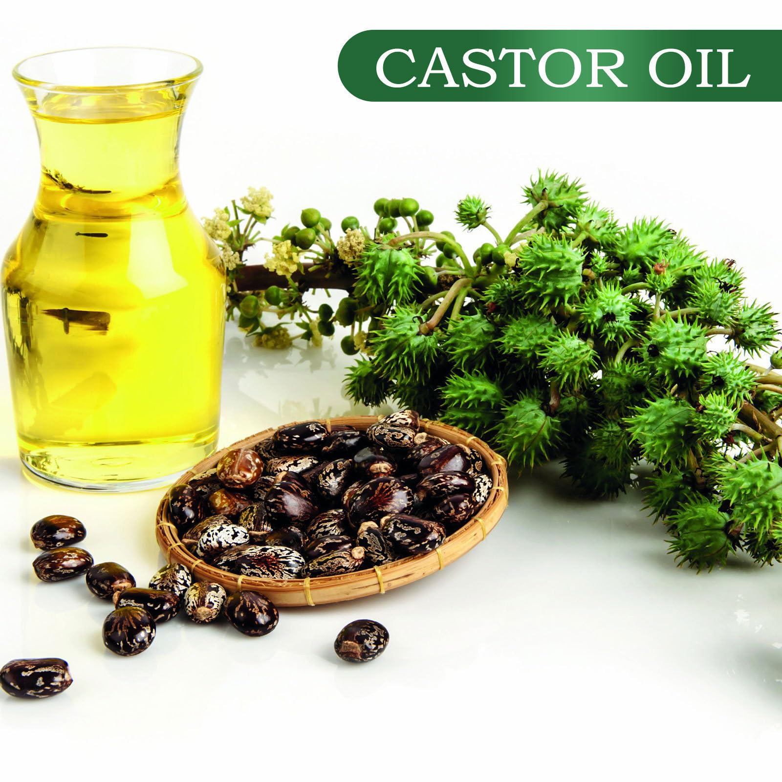 Castor oil applied to hair suggests growth support and added shine.