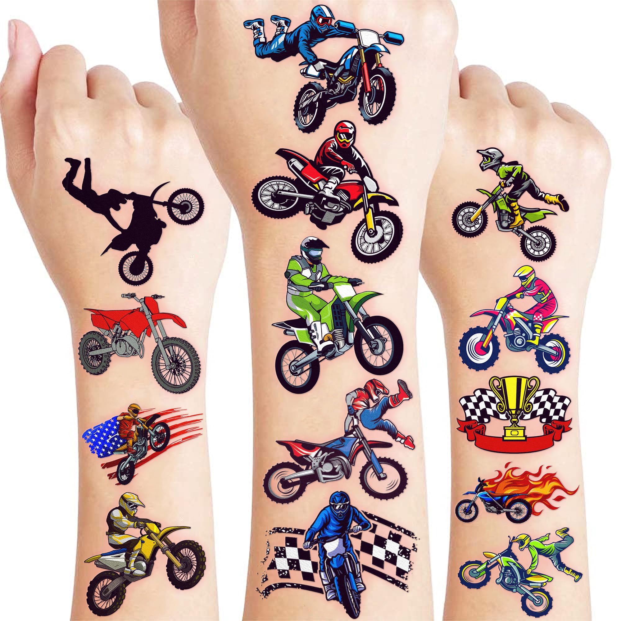 Generic dirt bike racing tattoos sheet 1 with colorful designs for kid party favors.