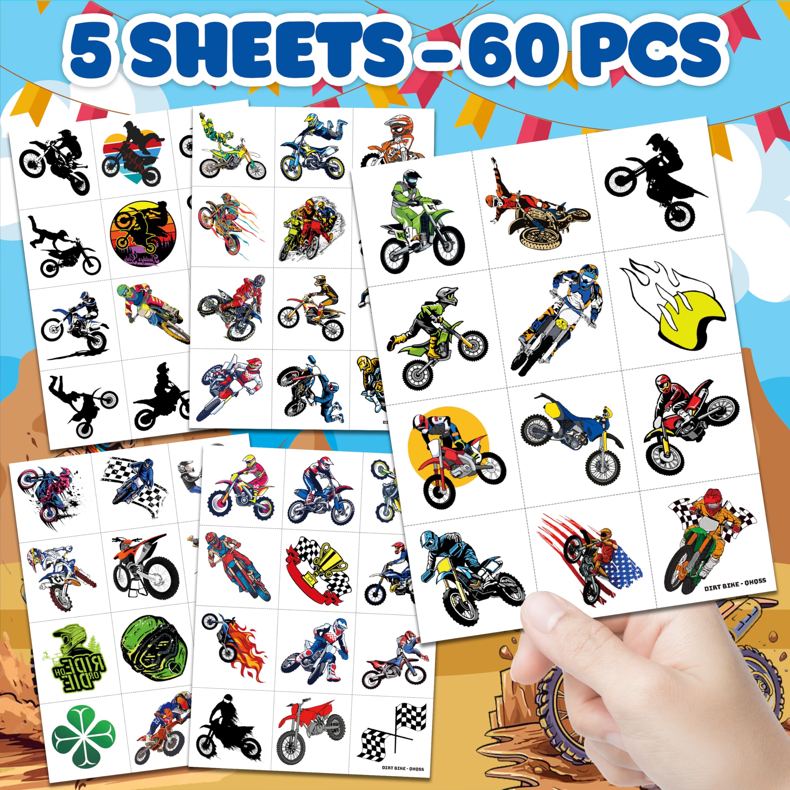Generic dirt bike racing tattoos sheet 3 offers playful designs for decor.