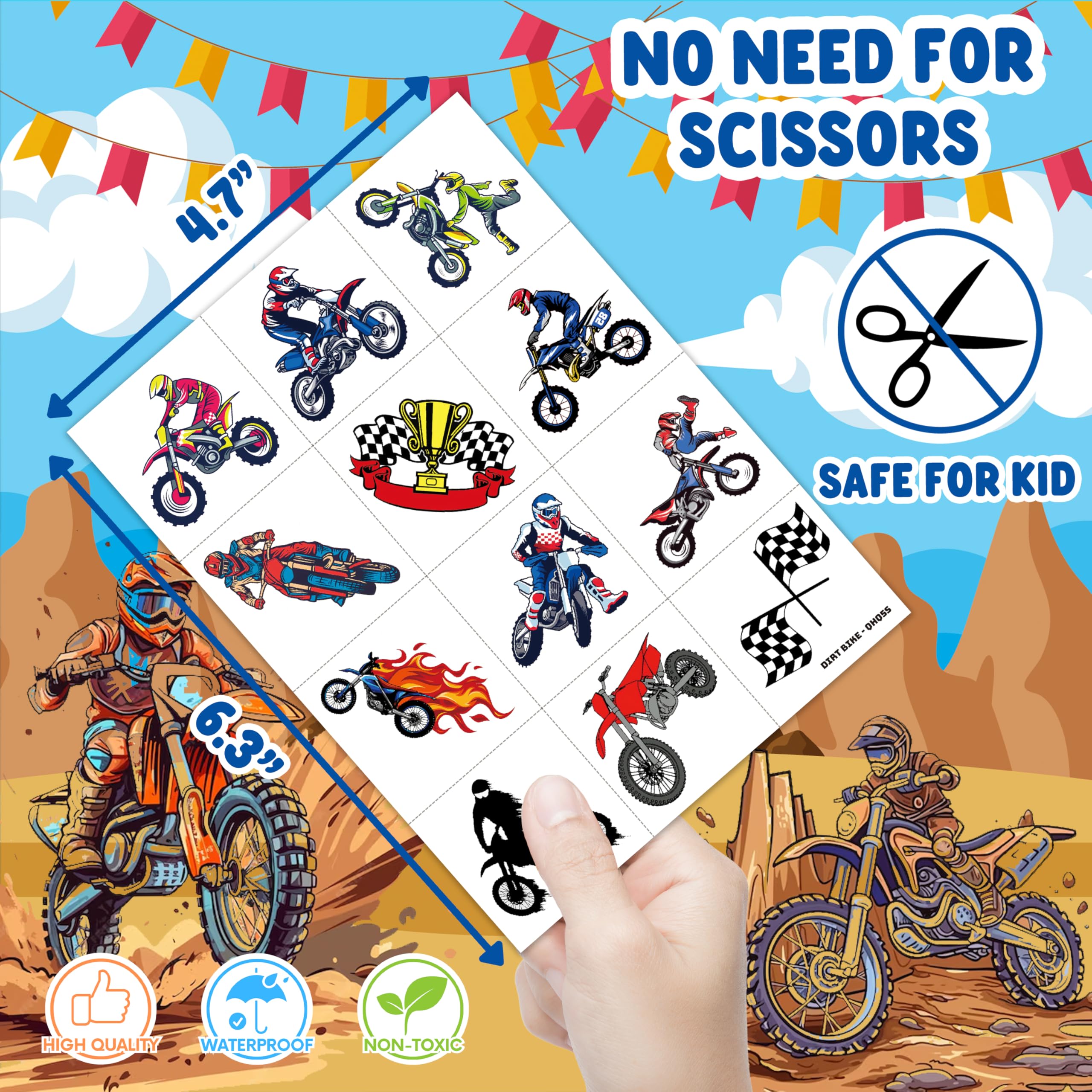 Generic dirt bike racing tattoos sheet 4 features waterproof designs for durability.