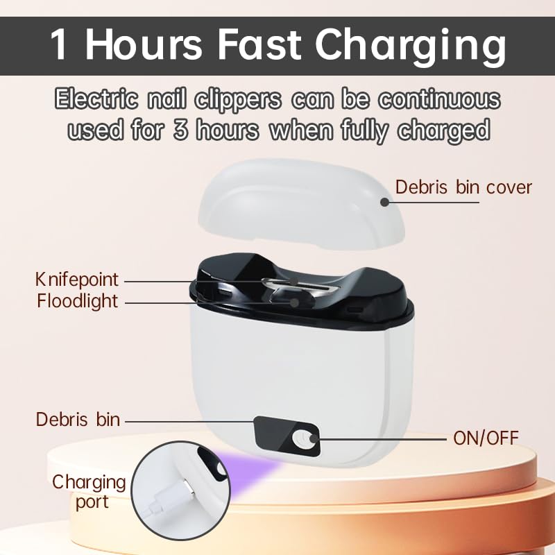 Generic Electric Nail Clipper shows 3-speed settings for gentle infant nails to thick toenails.