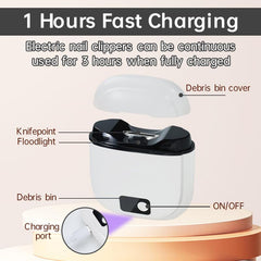 Generic Electric Nail Clipper shows 3-speed settings for gentle infant nails to thick toenails.