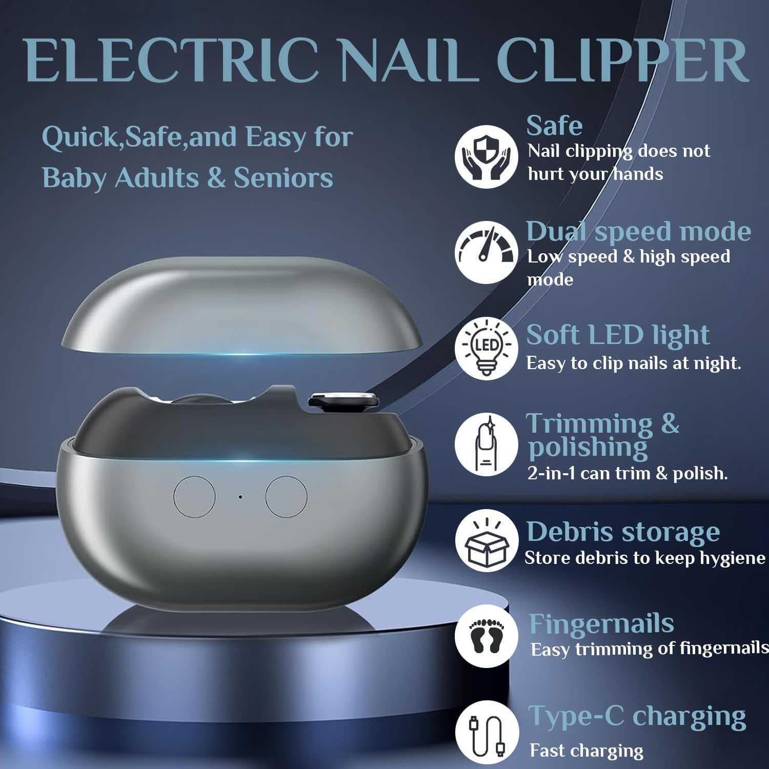 Generic electric nail clipper side view highlights ergonomic handling for easy use