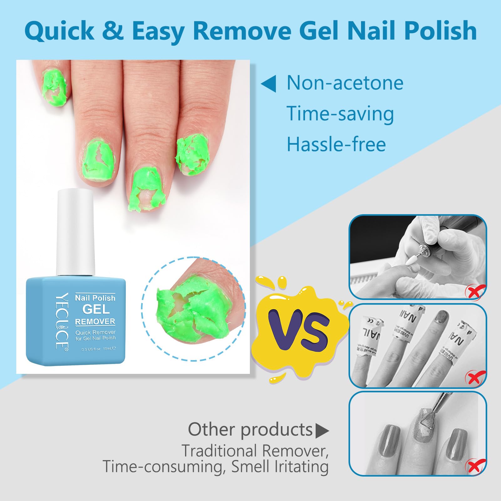 Generic remover for UV gel and acrylic nails, easy cleanup.