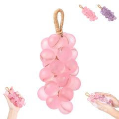 Generic grape soap on a rope hanging in bathroom for space-saving display.