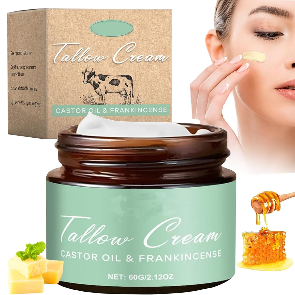 Generic Grass-fed Beef Tallow Cream bottle with castor oil and frankincense hydrates skin
