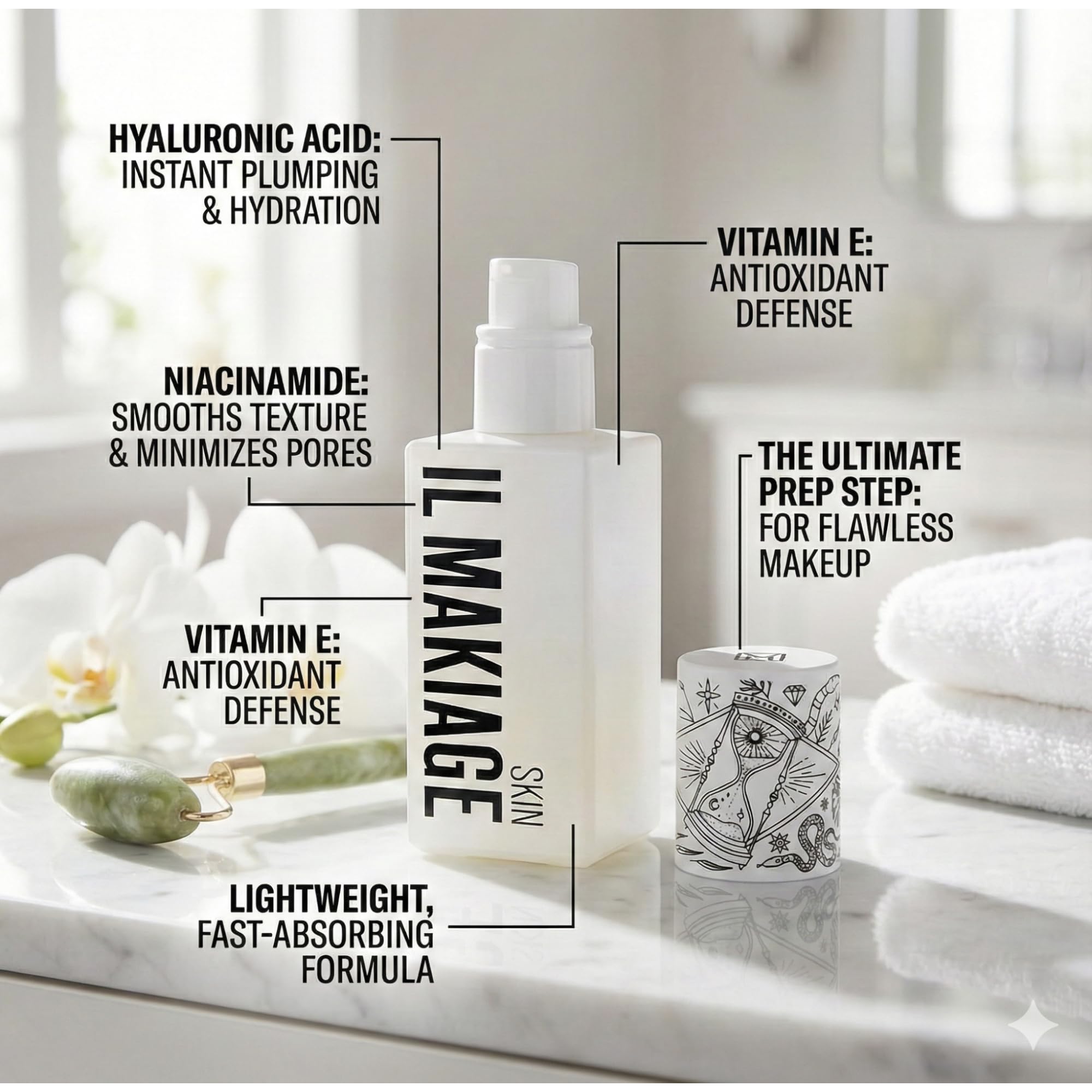Generic hyaluronic serum bottle pump shows fast absorption for daily skincare.