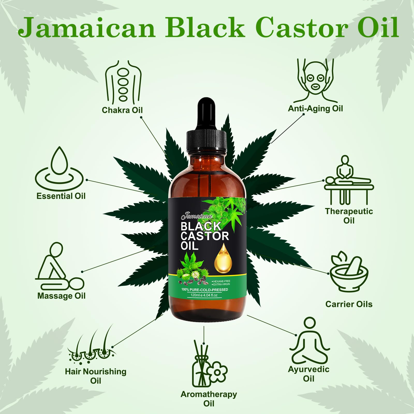 Generic Jamaican Black Castor Oil label close-up shows cold-pressed quality.