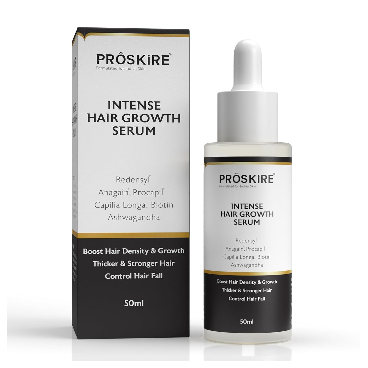 Generic Pro-skir-e bottle close-up for targeted scalp care and fullness potential.