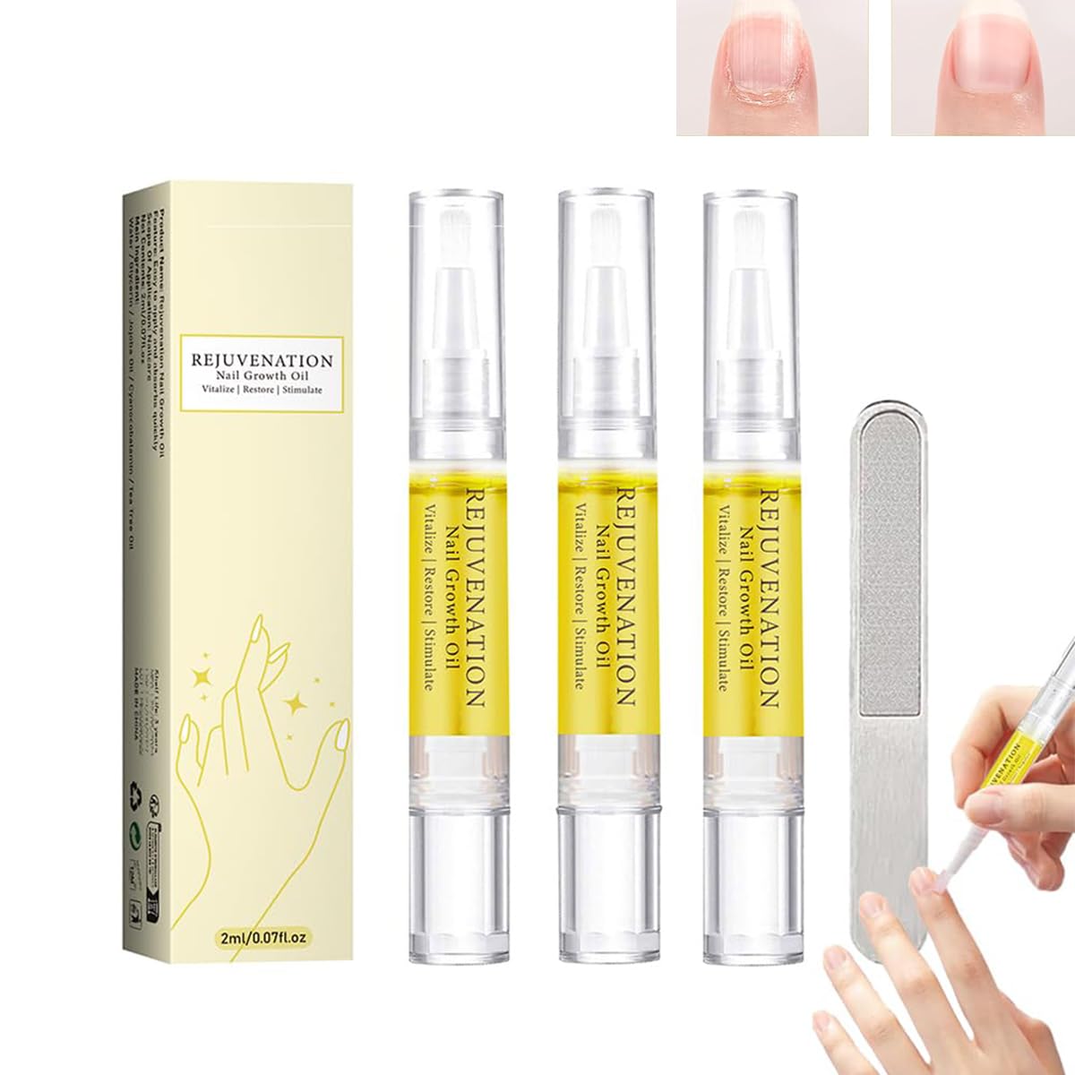 Generic Rejuvenation Nail Growth Oil bottle beside nail file for healthier-looking nails.