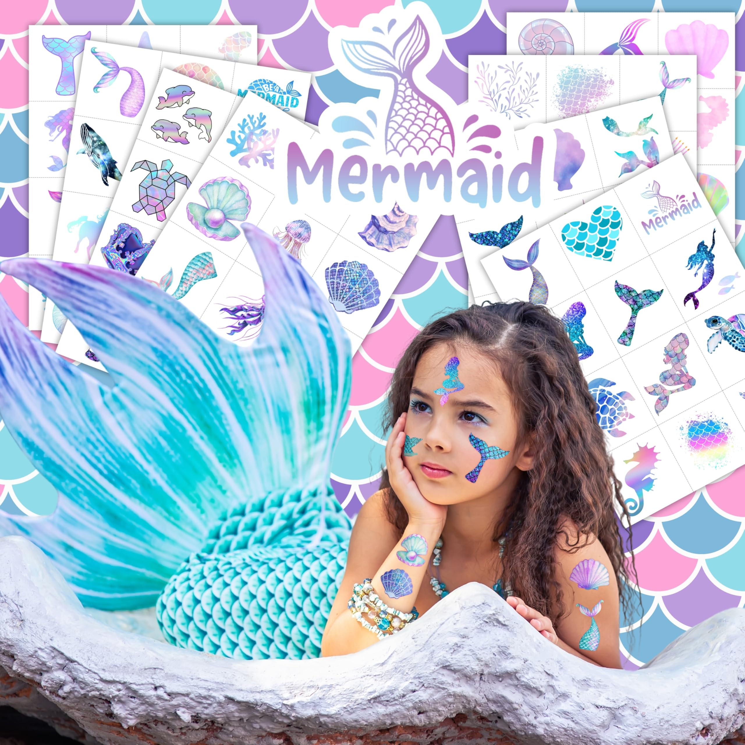 Generic Sea Life Tattoos: dolphins and shells enhance ocean-themed celebrations for kids.