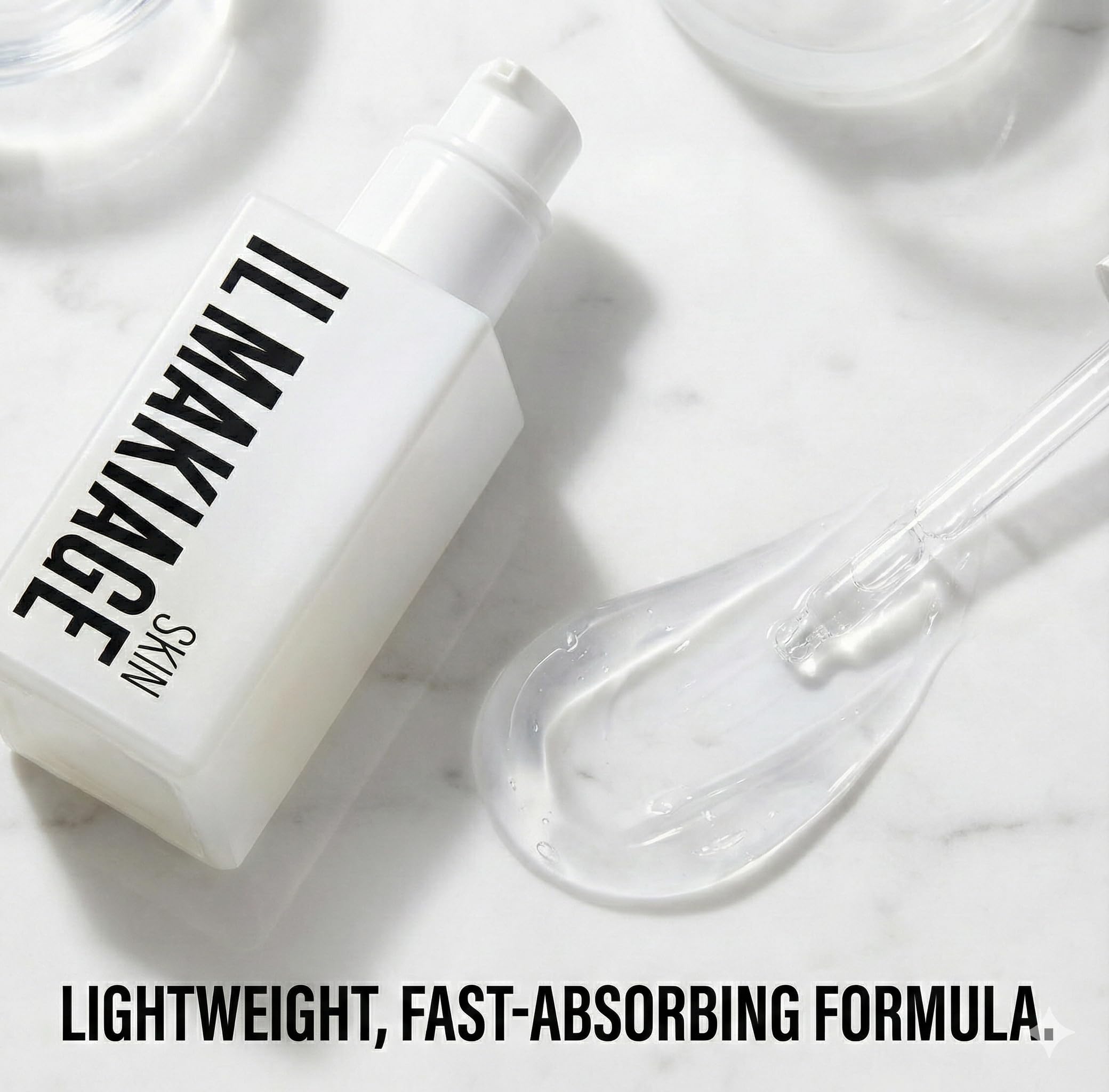 Generic serum texture image emphasizes lightweight, non-greasy feel for under makeup.
