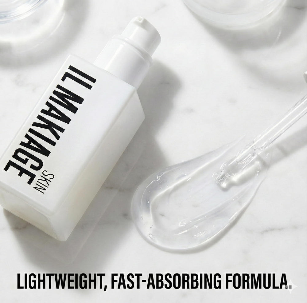 Generic serum texture image emphasizes lightweight, non-greasy feel for under makeup.