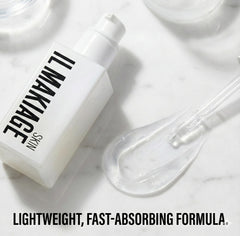 Generic serum texture image emphasizes lightweight, non-greasy feel for under makeup.
