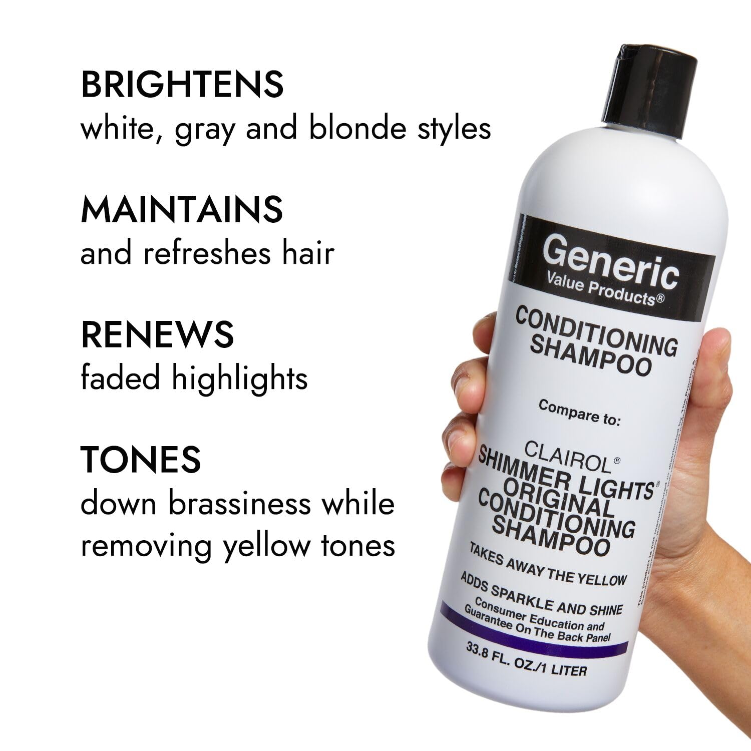 Generic Value Products Conditioning Purple Shampoo bottle beside hair showcasing renewed vibrancy