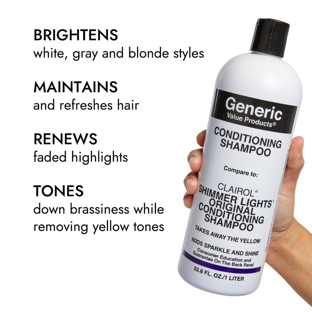 Generic Value Products Conditioning Purple Shampoo bottle beside hair showcasing renewed vibrancy