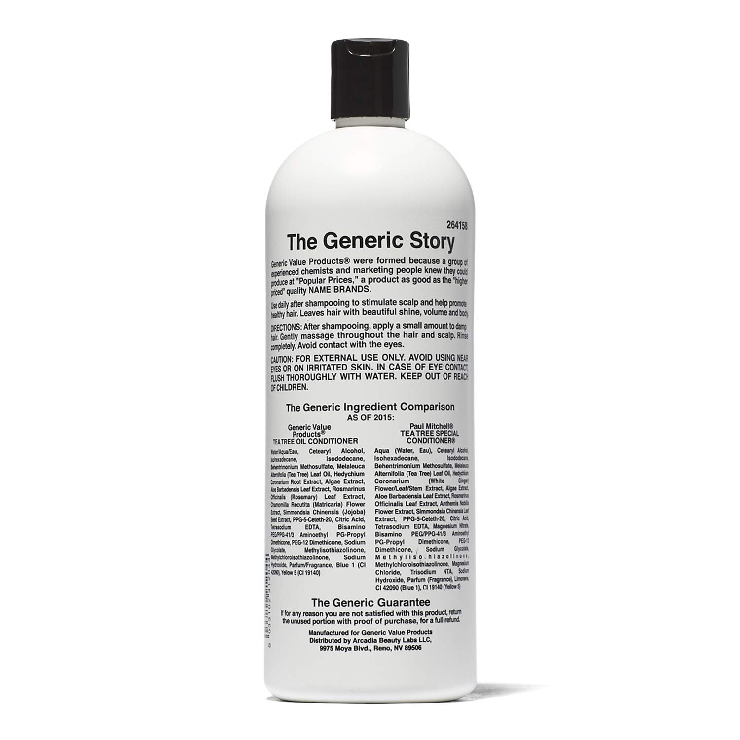 Generic Value Products Tea Tree Oil Conditioner label closeup emphasizing scalp cleansing and refreshing aroma