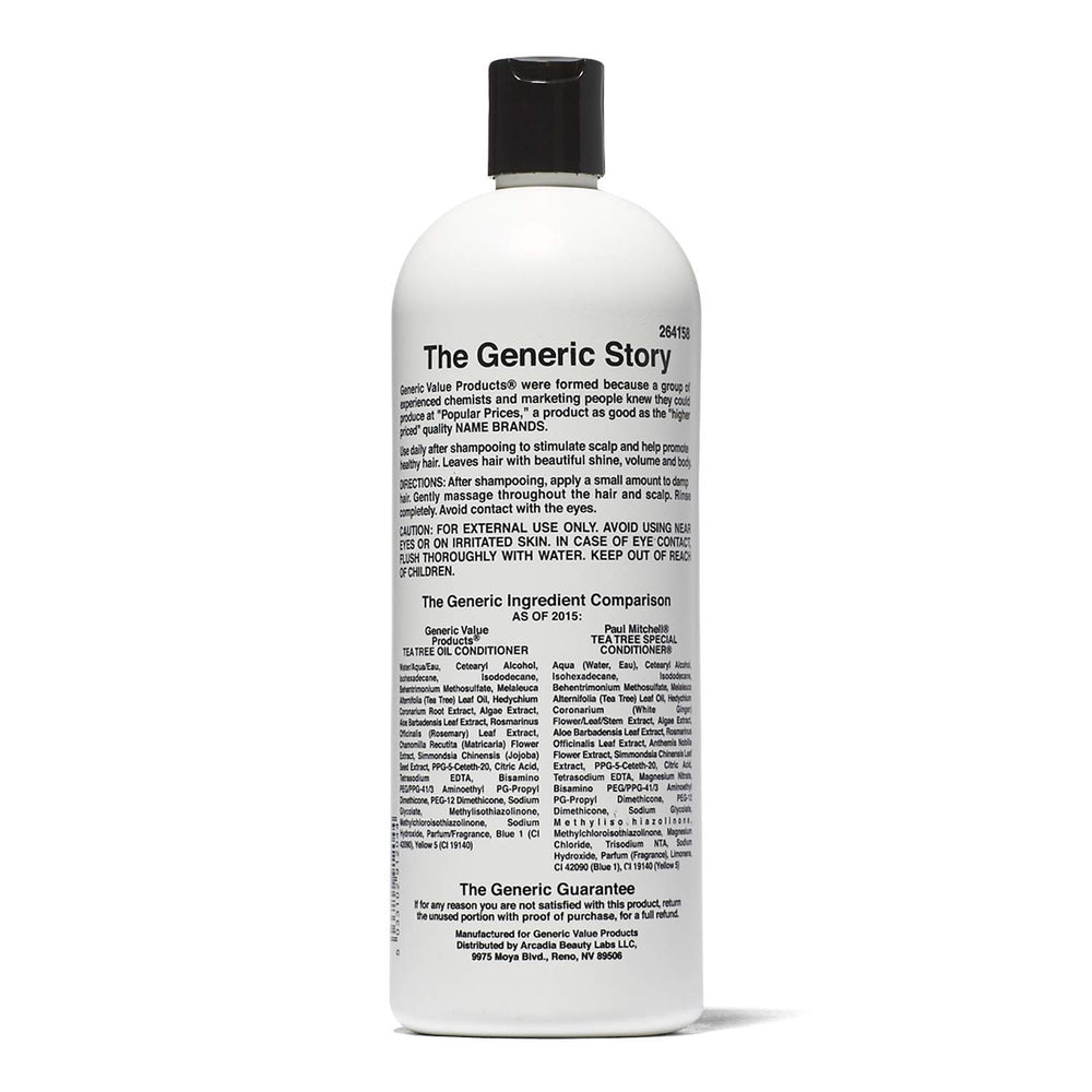 Generic Value Products Tea Tree Oil Conditioner label closeup emphasizing scalp cleansing and refreshing aroma