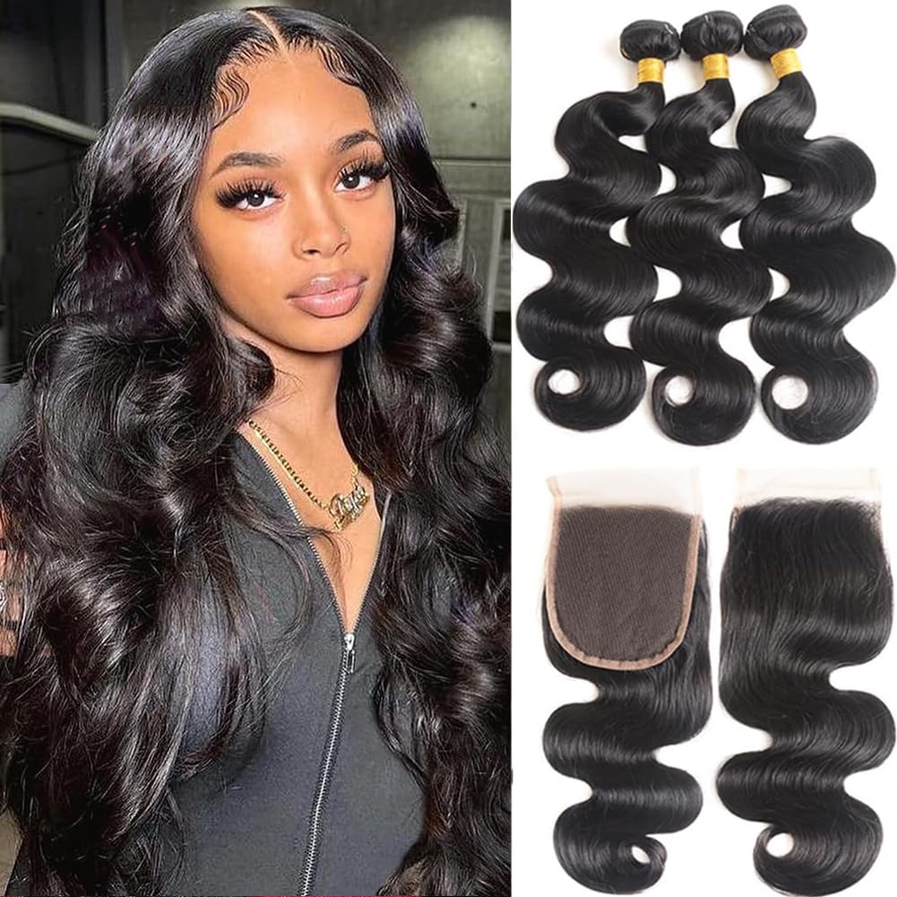 GENEROUS Brazilian body wave bundles with closure in natural black for a voluminous look.