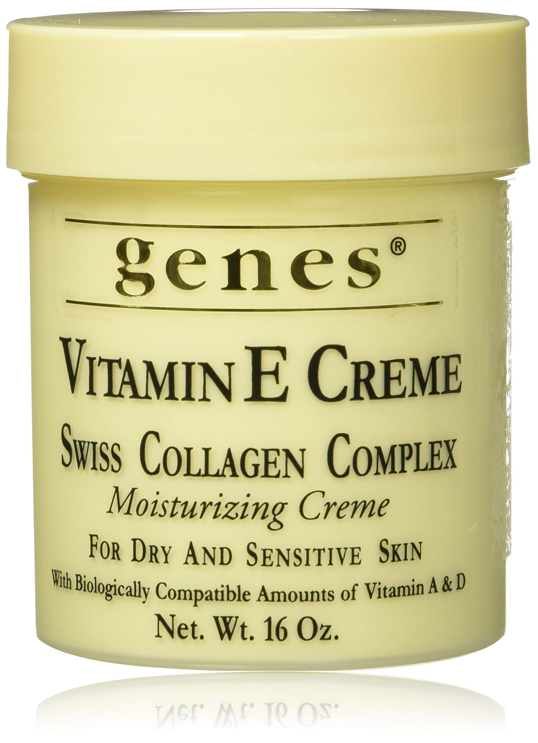 Genes Vitamin E Creme jar closeup highlighting hydrating Swiss collagen complex for dry skin