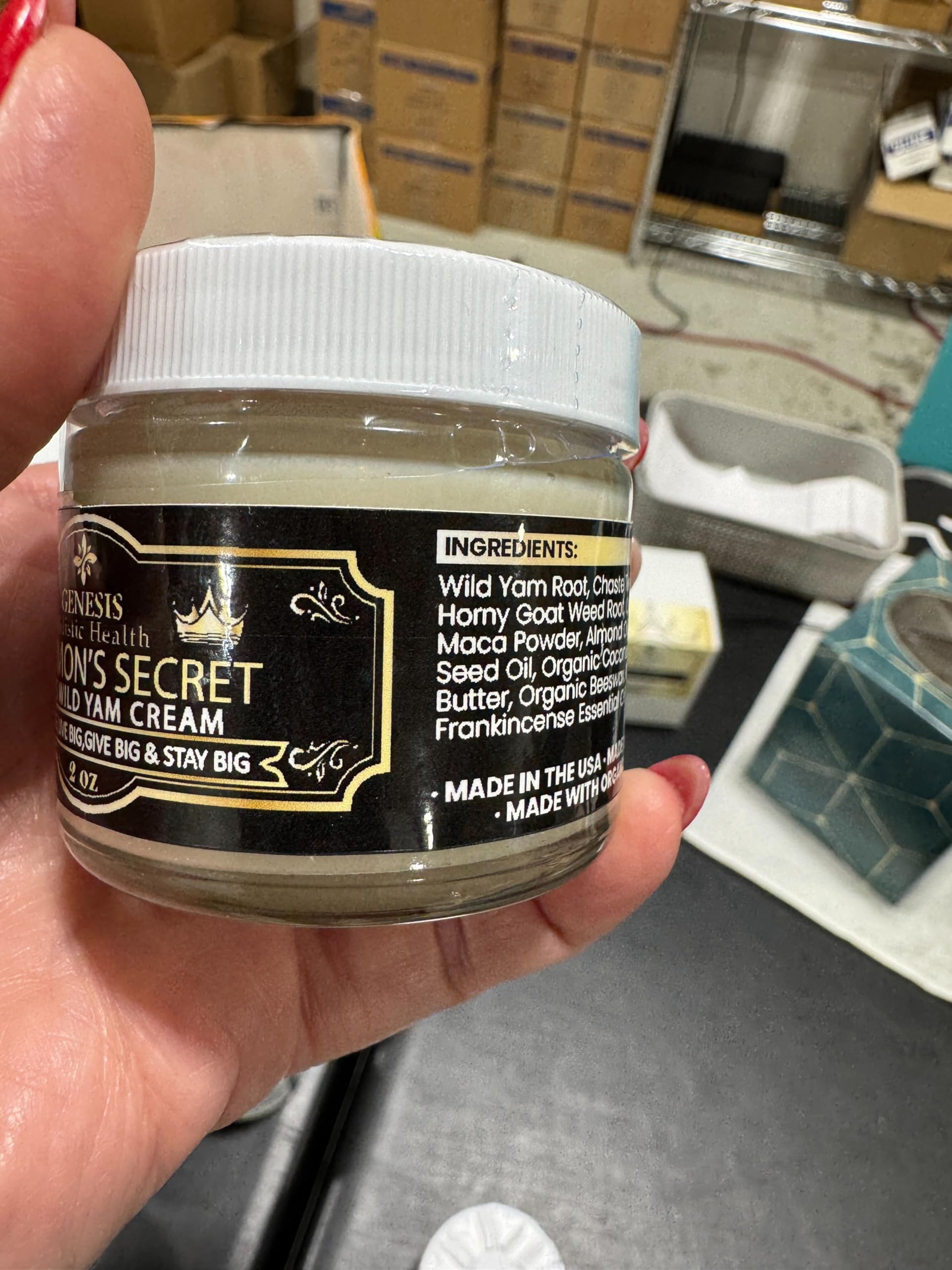 Genesis Solomon's Secret USA-made label emphasizing safe, non-toxic skincare for men.