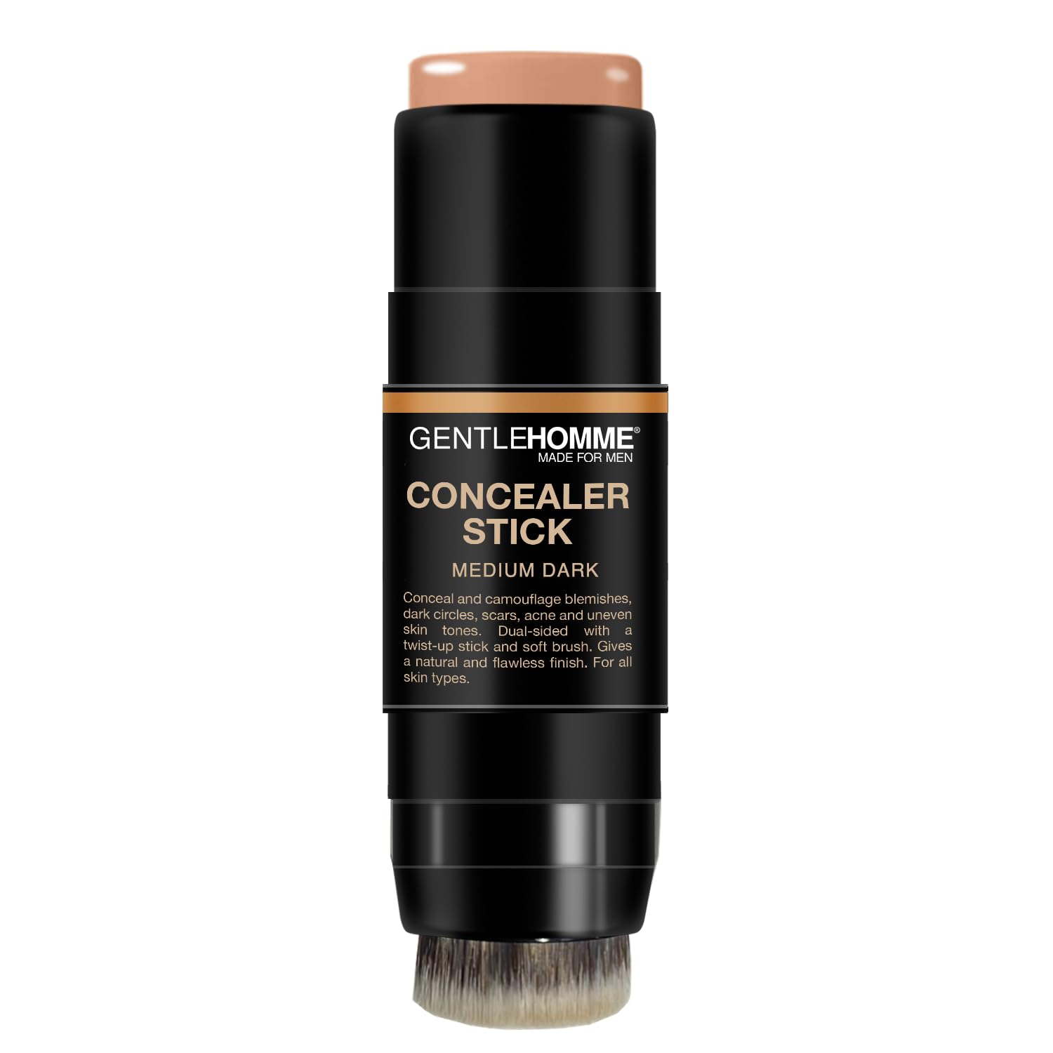 Gentlehomme concealer stick demonstrates blemish coverage for quick camouflage.