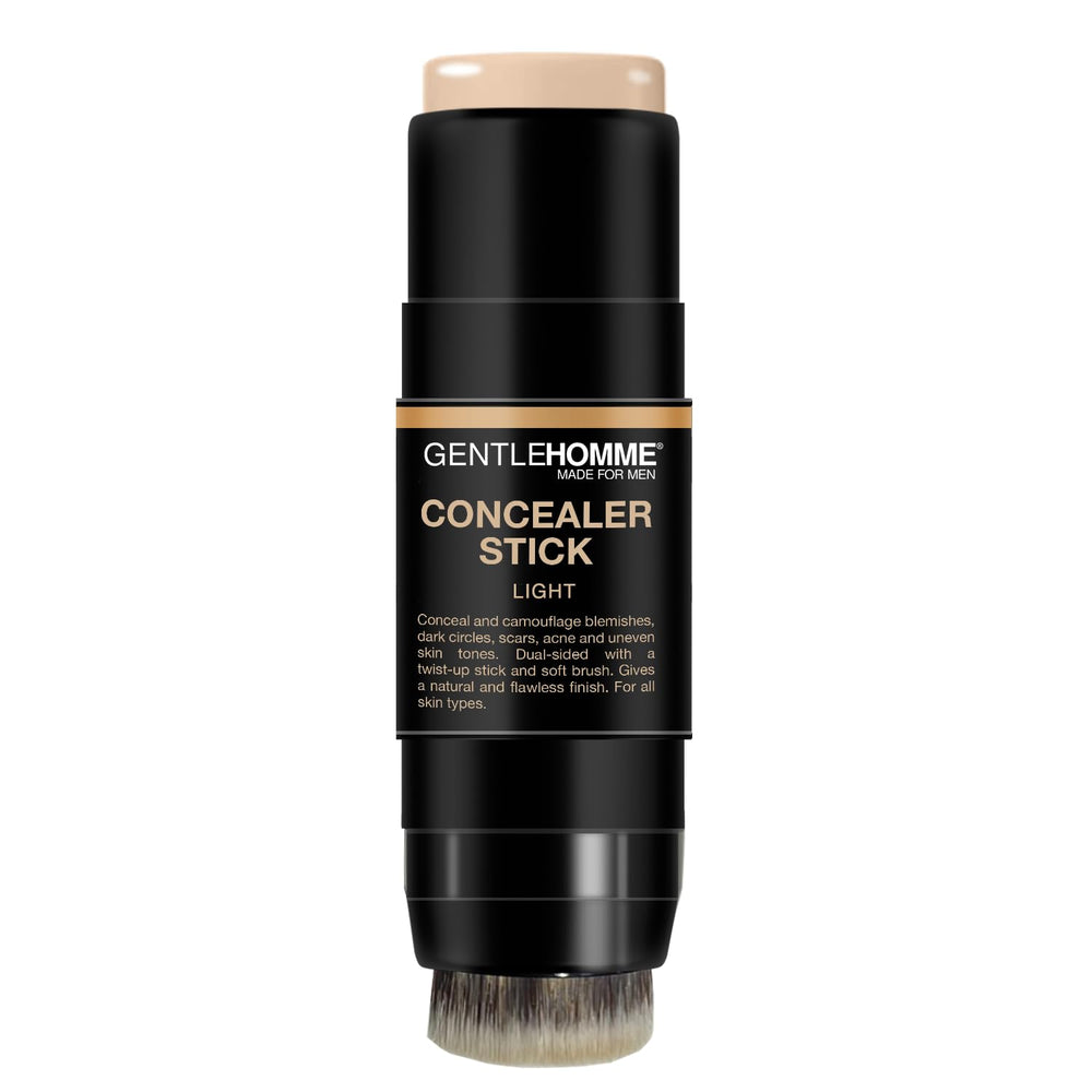 Gentlehomme concealer stick hides blemishes for a cleaner complexion before photos.