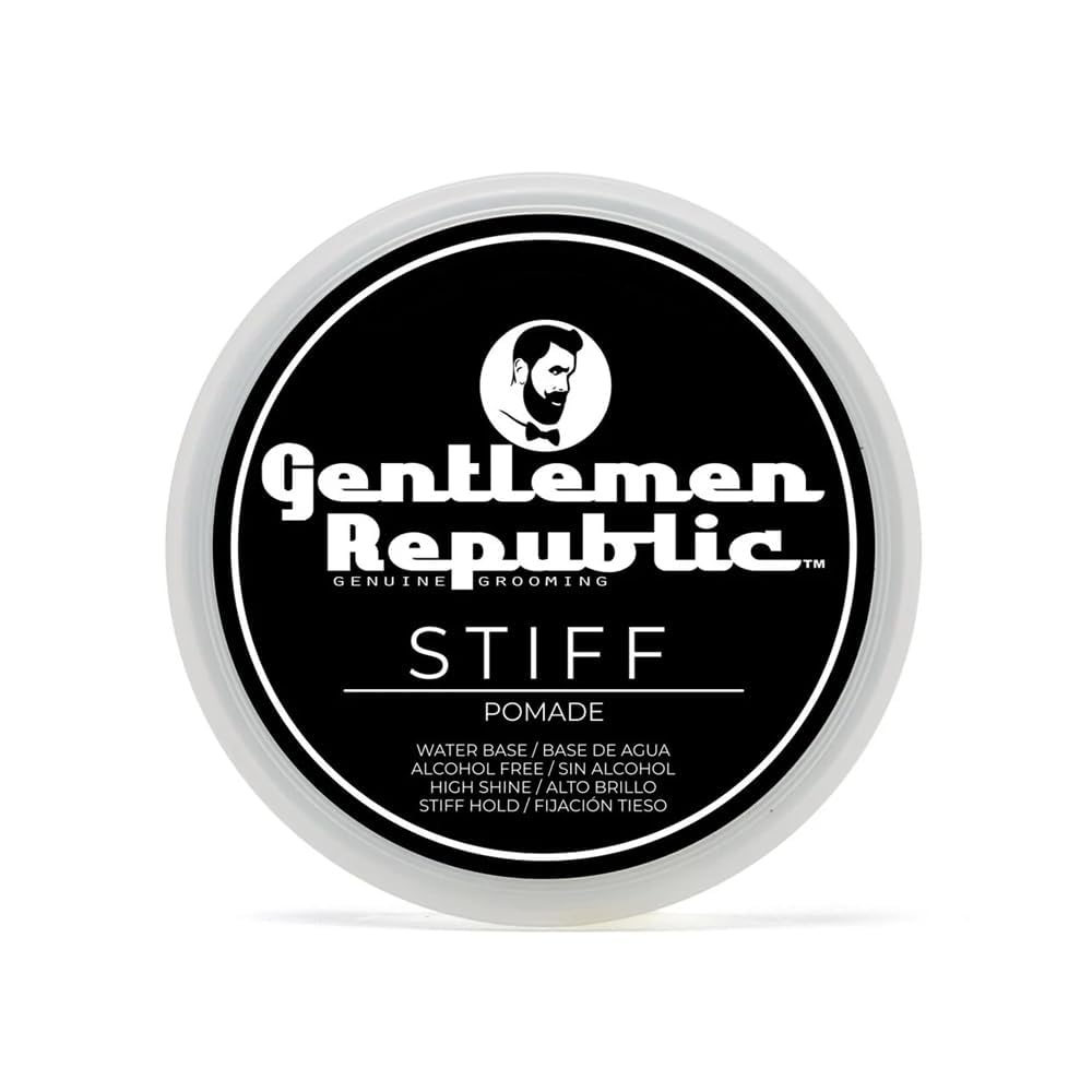 Gentlemen Republic Stiff Pomade bottle shows premium packaging and lasting shine