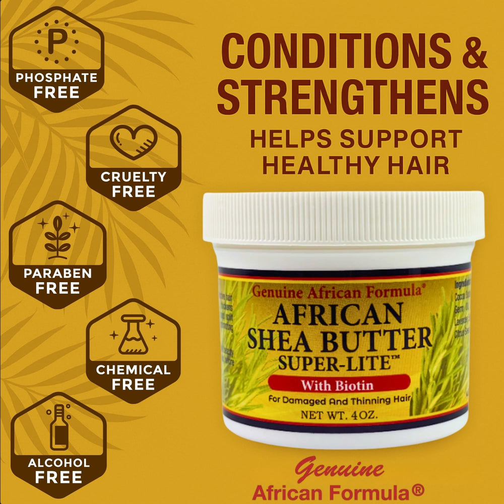 Genuine African Formula Shea Butter Super-Lite application on damp hair promotes manageability