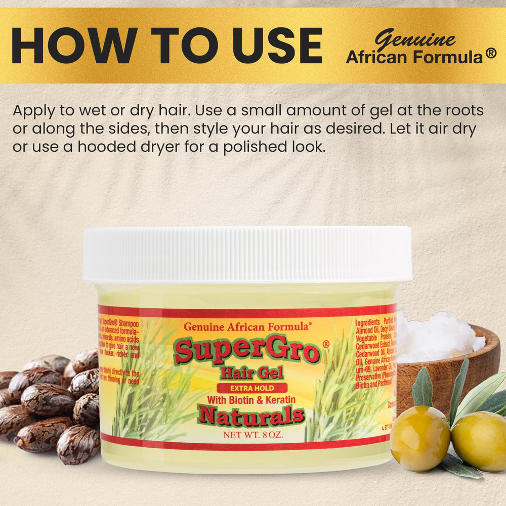 Genuine African Formula SuperGro gel works on wet or dry hair for styling flexibility