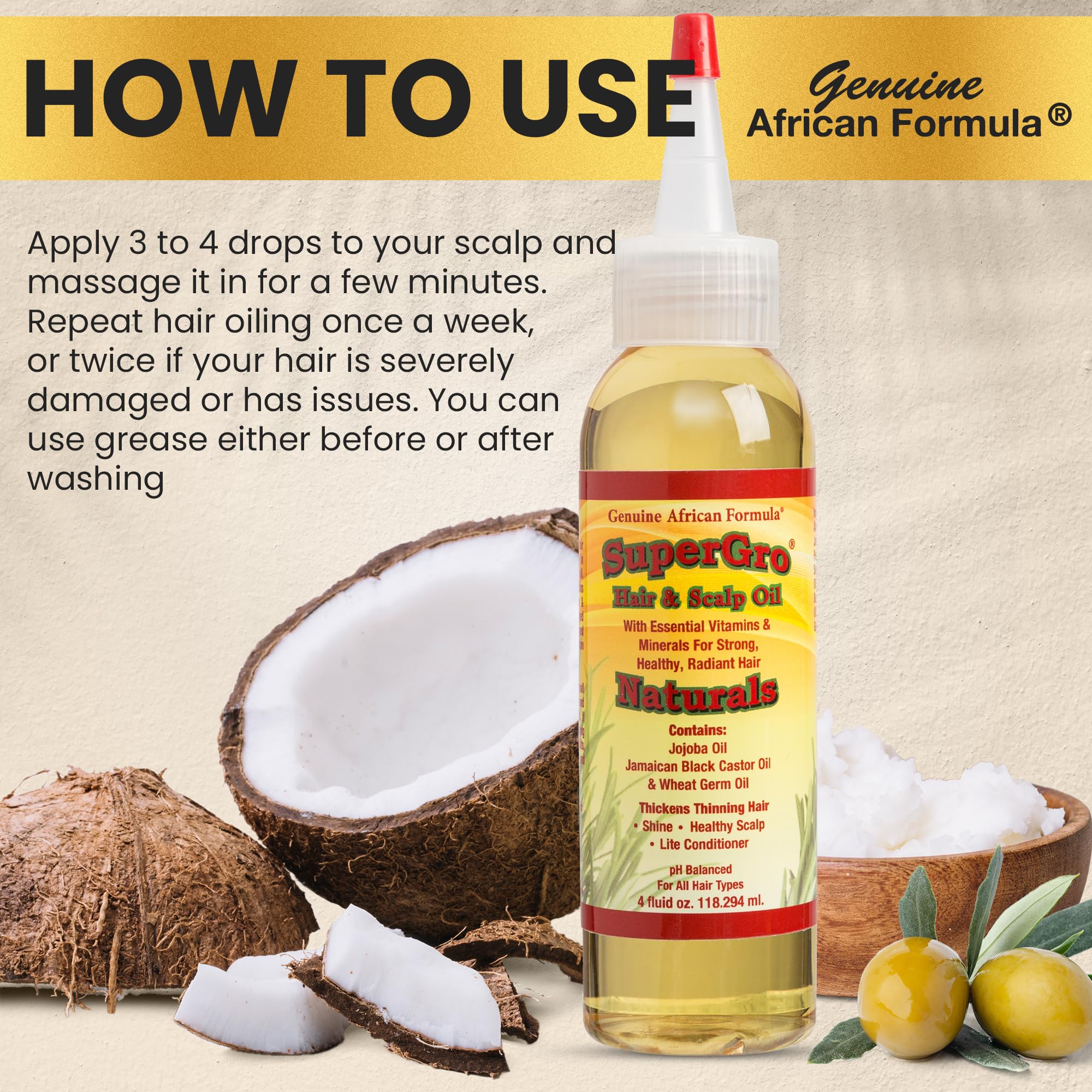 Ingredients label of Genuine African Formula SuperGro highlighting plant oils