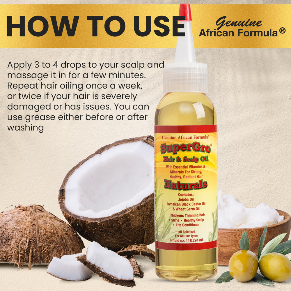 Ingredients label of Genuine African Formula SuperGro highlighting plant oils