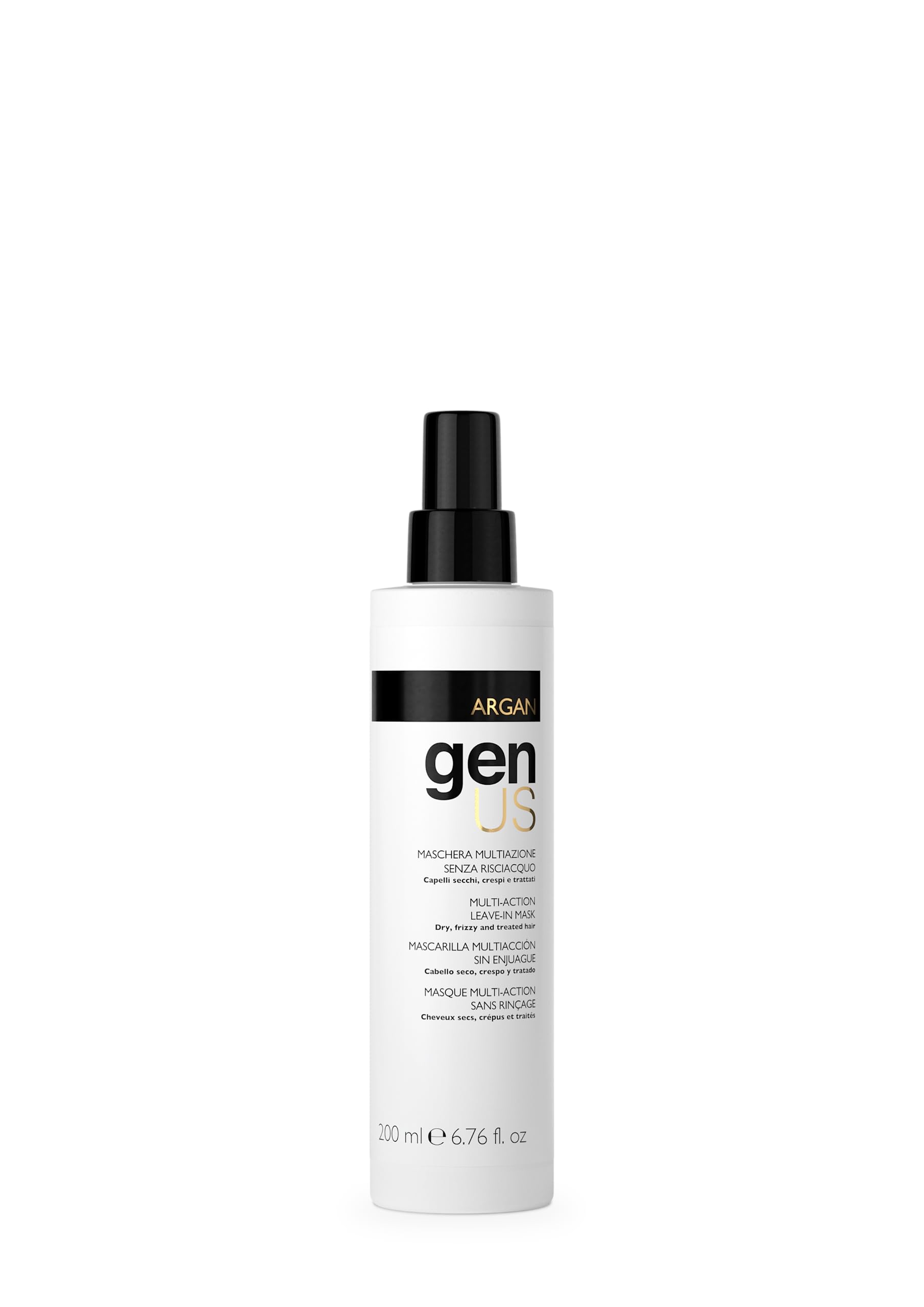 Genus Argan Hydrating Spray Hair Mask bottle promoting detangling and shine for soft, manageable hair.