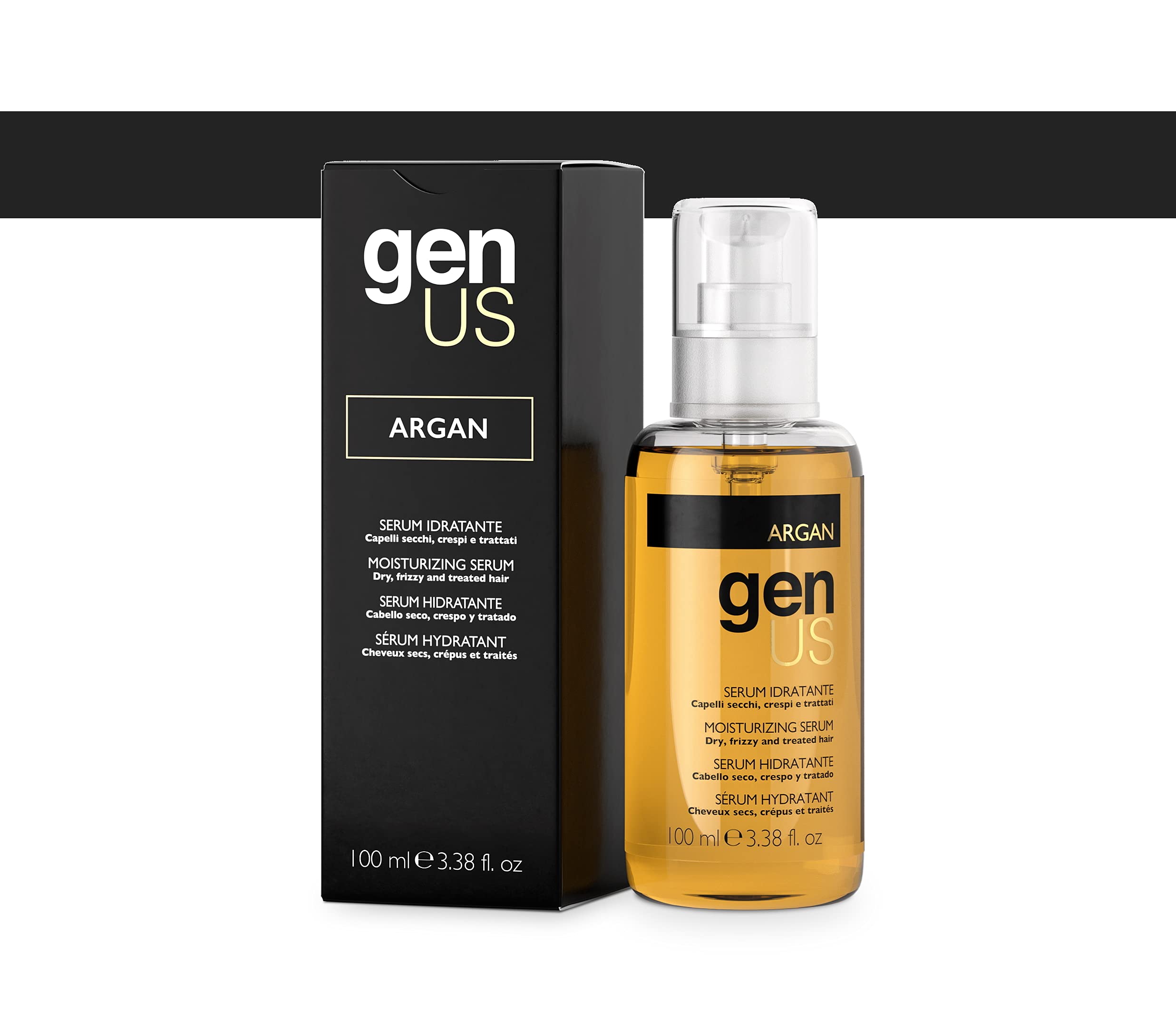 Genus Argan Moisturizing Hair Serum bottle showing argan and linseed hydration for frizz control