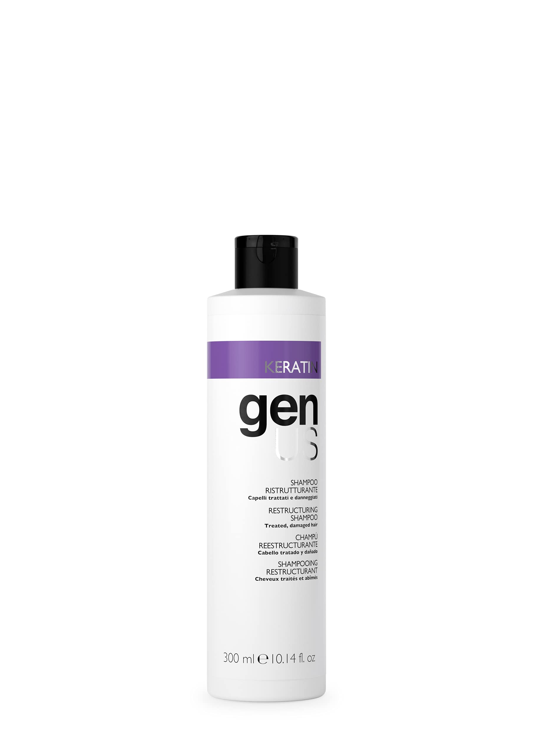 Genus Keratin Restructuring Shampoo bottle pouring for smooth, frizz-free hair