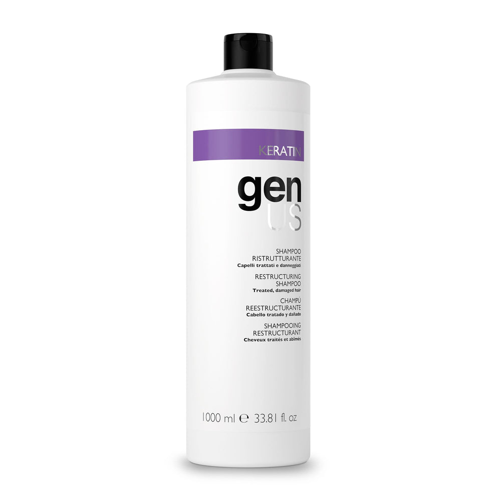 Genus Keratin Shampoo bottle showing a strengthening formula for damaged hair