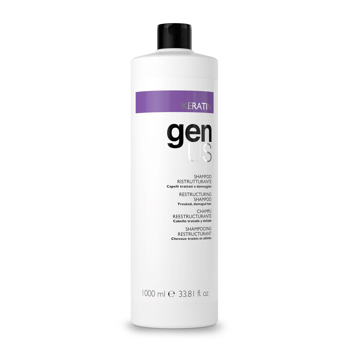 Genus Keratin Shampoo bottle showing a strengthening formula for damaged hair