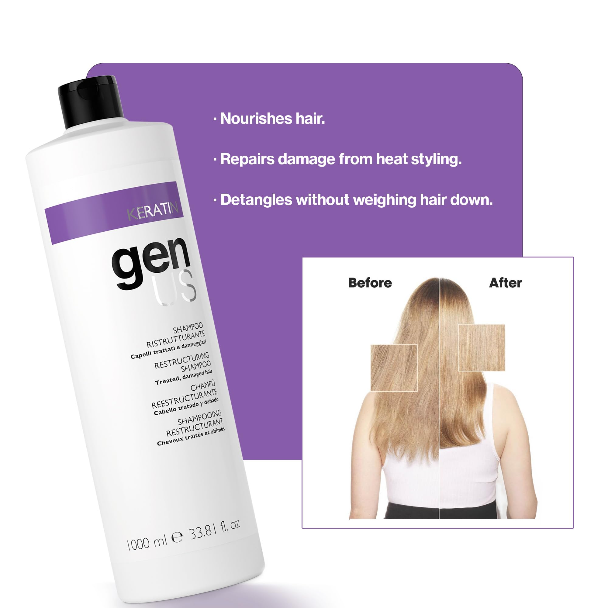 Genus Keratin Shampoo lather close-up illustrating gentle cleansing for treated hair