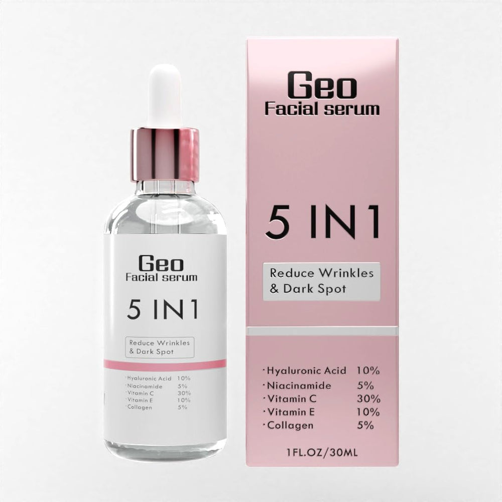 Geo Facial 5-in-1 serum bottle close-up highlighting hydrating formula