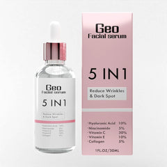 Geo Facial 5-in-1 serum bottle close-up highlighting hydrating formula