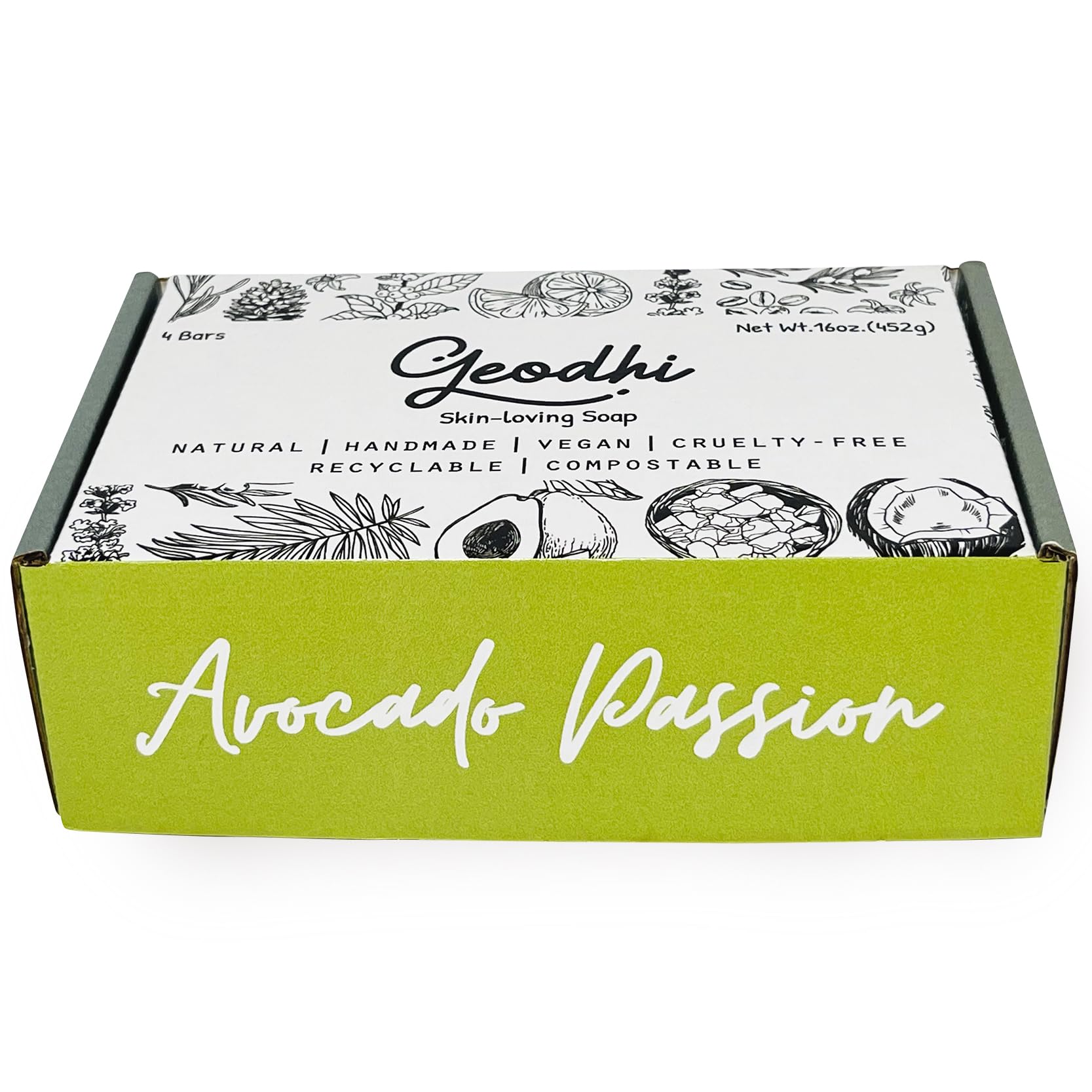 Geodhi Avocado-Rosemary Soap Bar ingredients featuring avocado oil and rosemary extract.