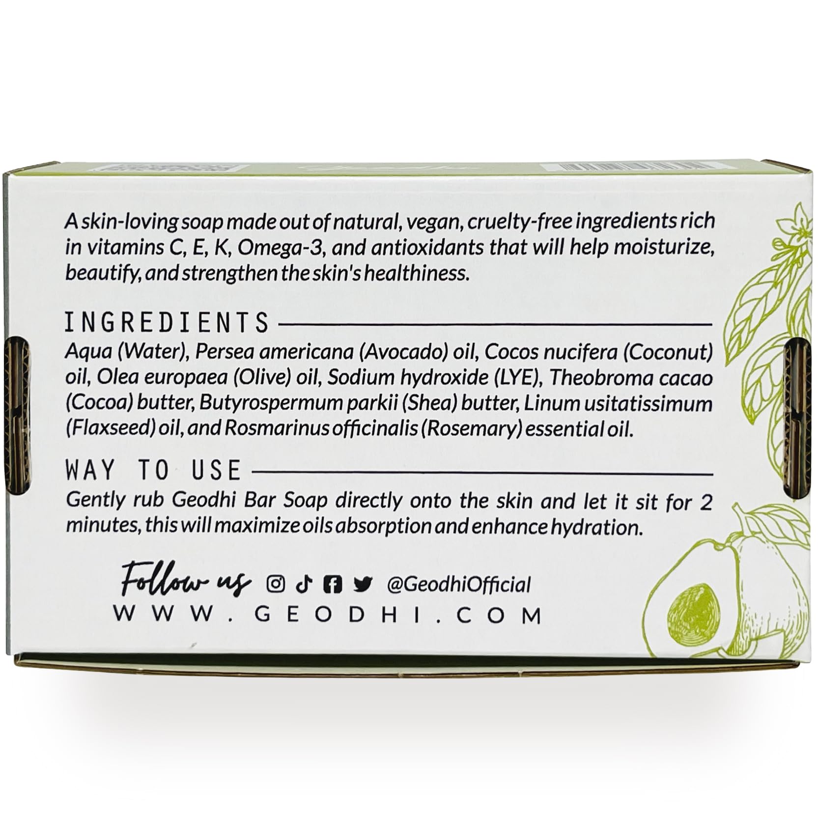 Geodhi Handmade Soap packaging displaying compostable materials and soy-based ink.